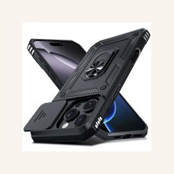 Case for iPhone 16 Pro,Heavy Duty Shockproof Full Body Protective Phone Cover, Built in Slide Camera Lens Cover, Finger Ring Stable Kickstand,Black