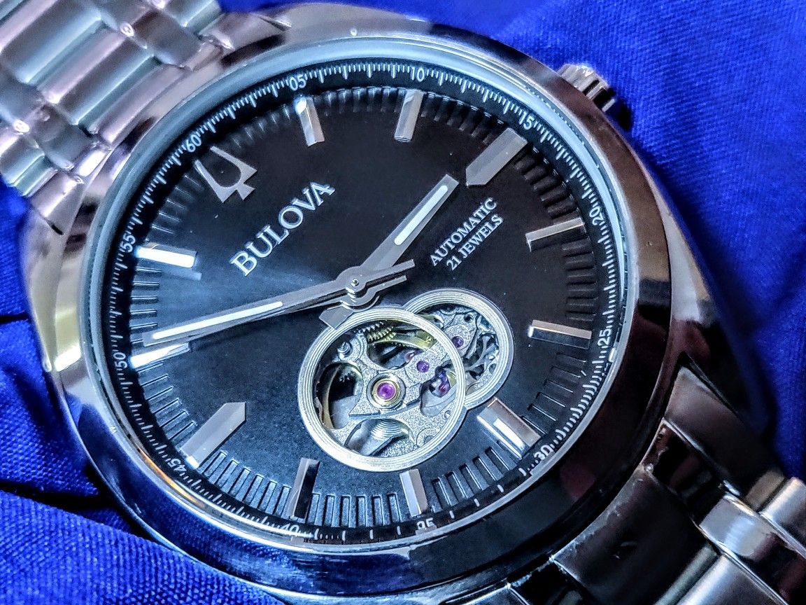 Bulova Surveyor Silver Black 21 Jewels Automatic Open Heart Men's Watch EUC