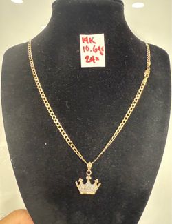 For Wedding 14K Solid Gold Chain and Pendant CUBIC ZIRCONIUM STONES 10.6Gr 24 Inches Long