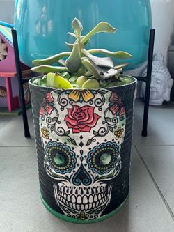One of a kind Day of the Dead Themed Potted Succulent