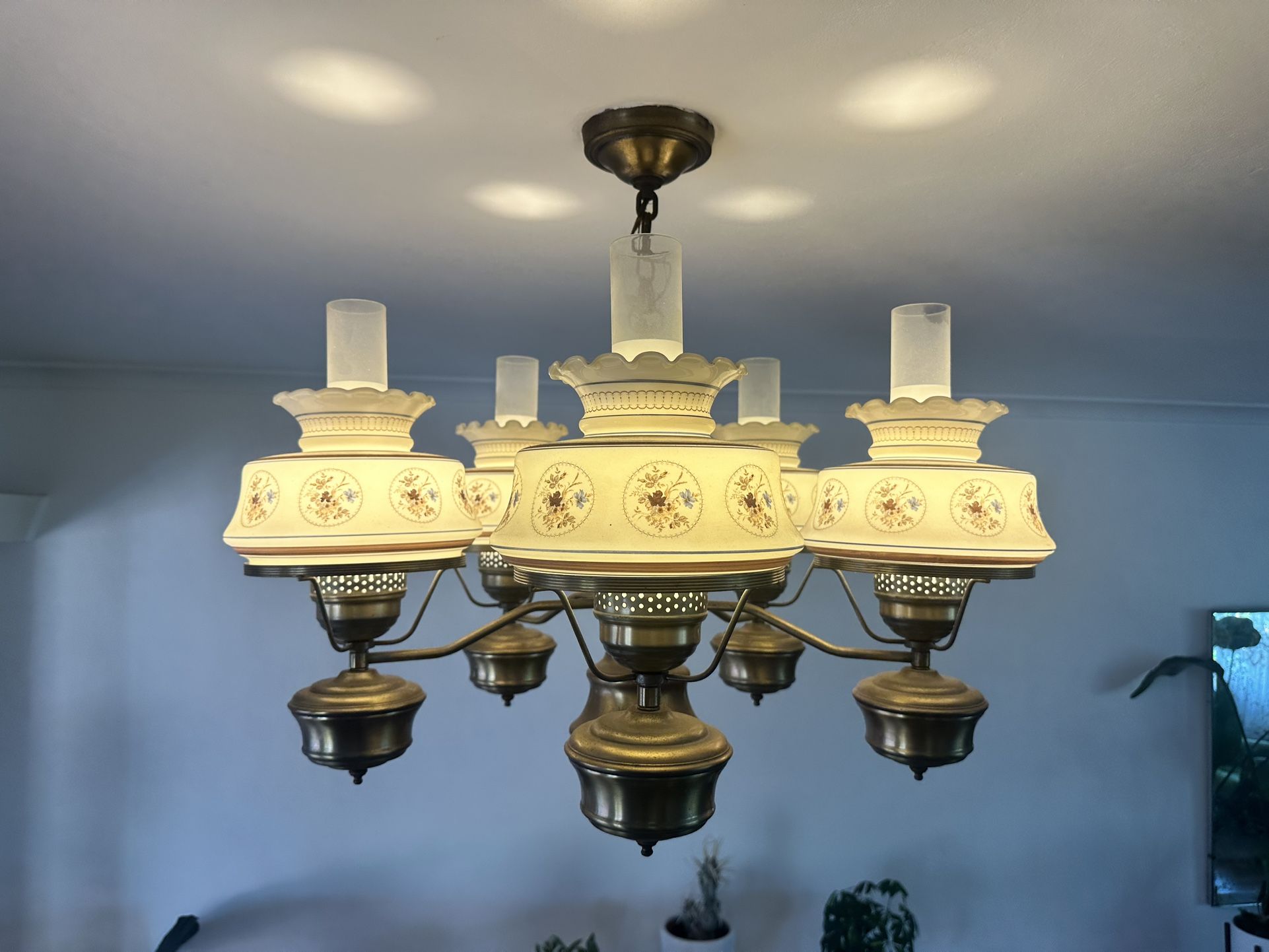 Vintage Hurricane Chandelier – 1960s Floral Glass Shades – Works Great
