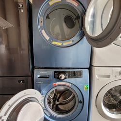 Samsung Front Load Washer And Stackable Gas Dryer Set In Blue 