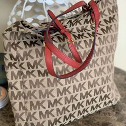 Michael Kors ,  Large tote bag beige brown logo MK red straps