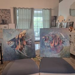 2 Fishes On Canvas On Wood Frame Super Vibrant Colors New Just CHANGED Decor 23x23  Ask 60 For Both Obo  Grest Coastal Look