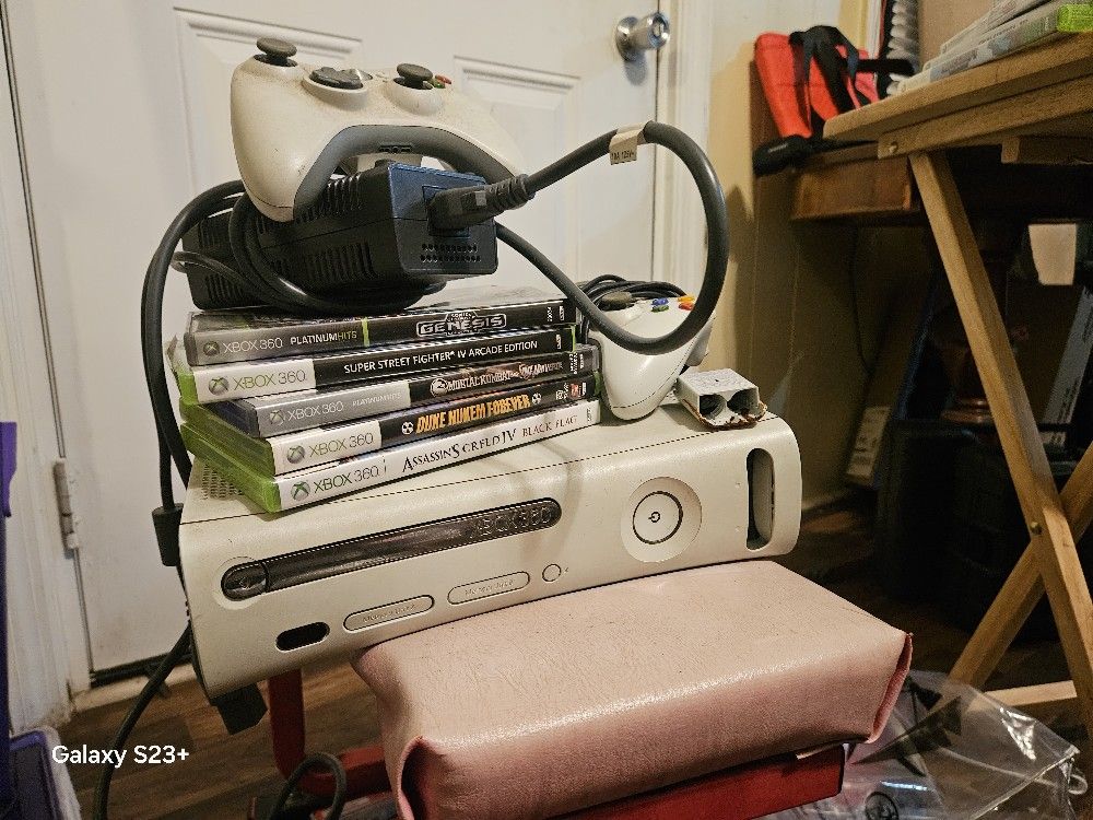 Xbox 360, Controllers, Power Adapter And Games