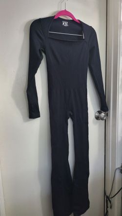 OQQ Ribbed Long Sleeve Jumpsuit Women Small Black Square Neck Flare Leg Unitard