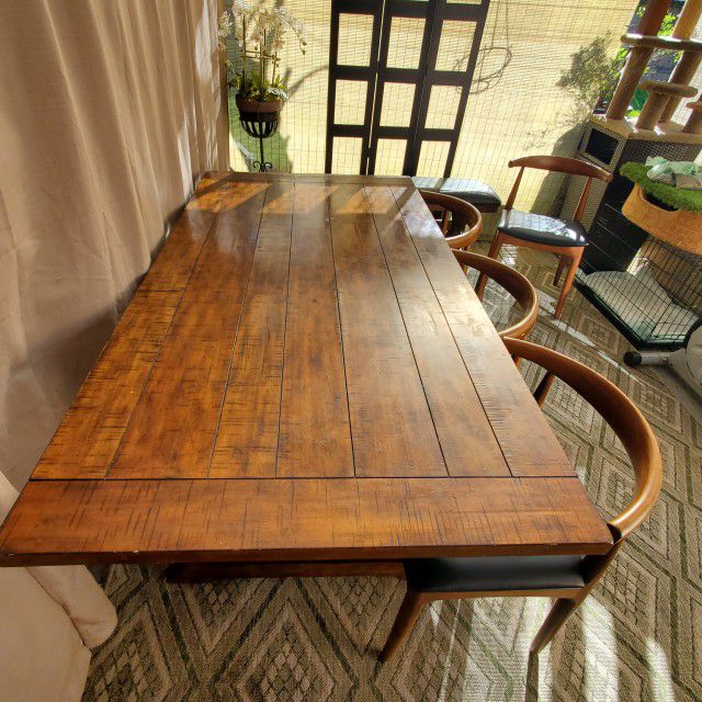 Very Nice strong Wood Table And A bench With Leather Seat 