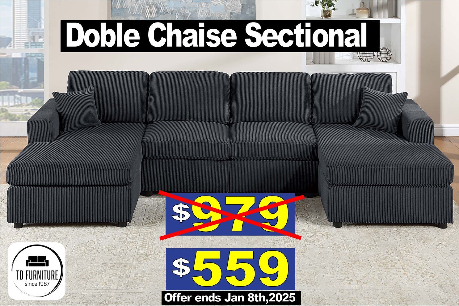 Soft corduroy fabric, Large Black Sectional