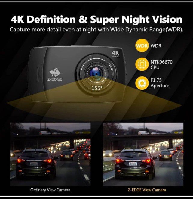 Dash Cam, Z-Edge Dual Dash Cam Front and Rear, 4K Built-in WiFi, Touch Screen Car Camera, FHD 1080P