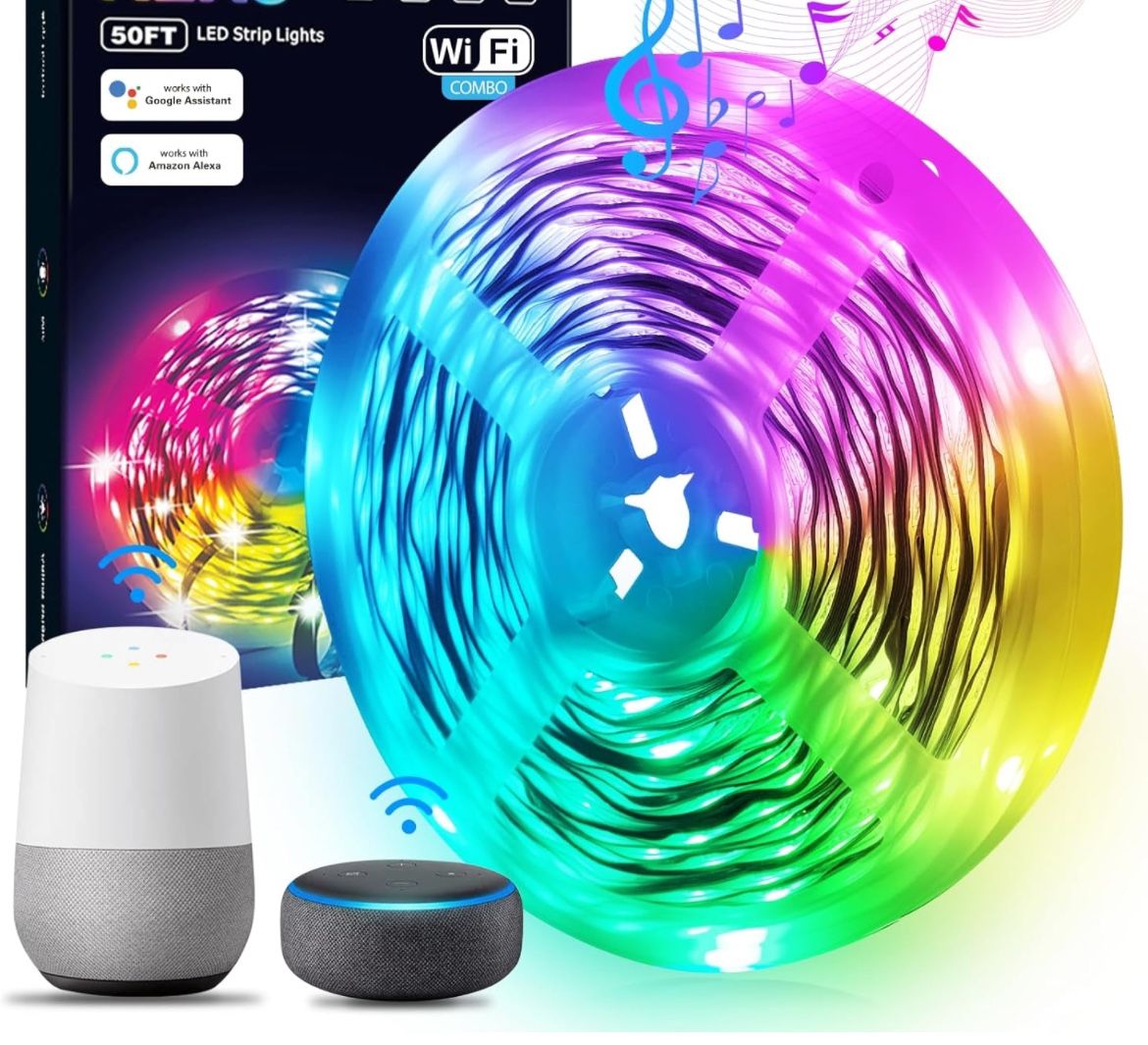 New In Box Smart WiFi Led Strip Light 50ft with App Control and Music Sync Work with Alexa and Google Assistant.