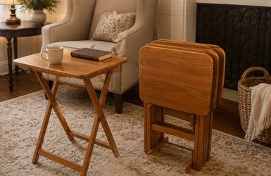 5 Piece Like NEW Oak TV TRAY Stands TABLES *MAKEanOFFER*