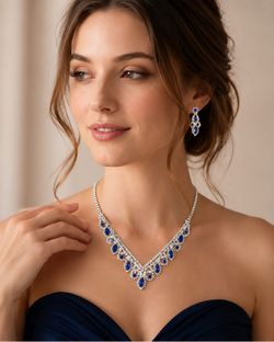 Christina Collection Blue Gemstone Necklace & Chandelier Earring Set – Silver Tone