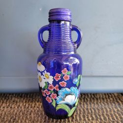 Handpainted Cobalt Blue Glass Dual Handle, 1990's Blue Luna Cafe