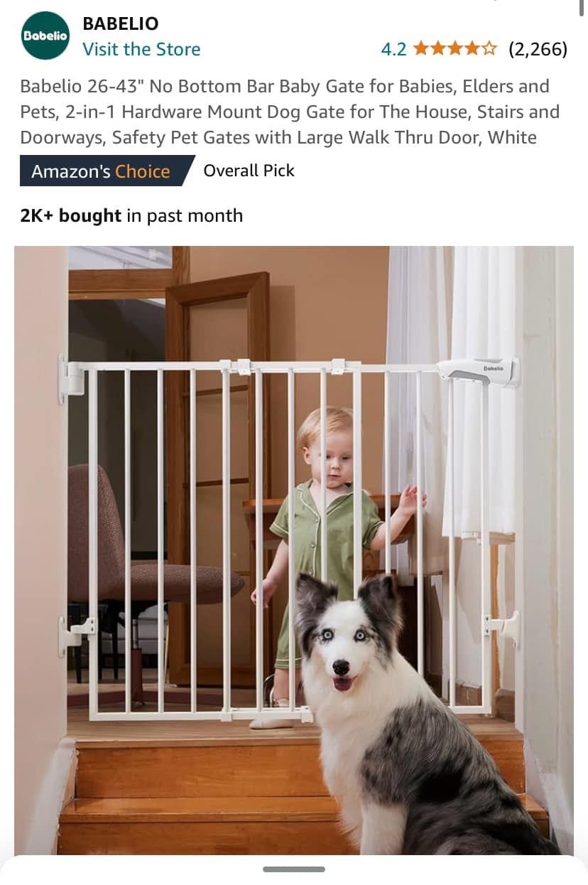 Babelio 26-43" No Bottom Bar Baby Gate for Babies, Elders and Pets, 2-in-1 White Metal NEW IN BOX