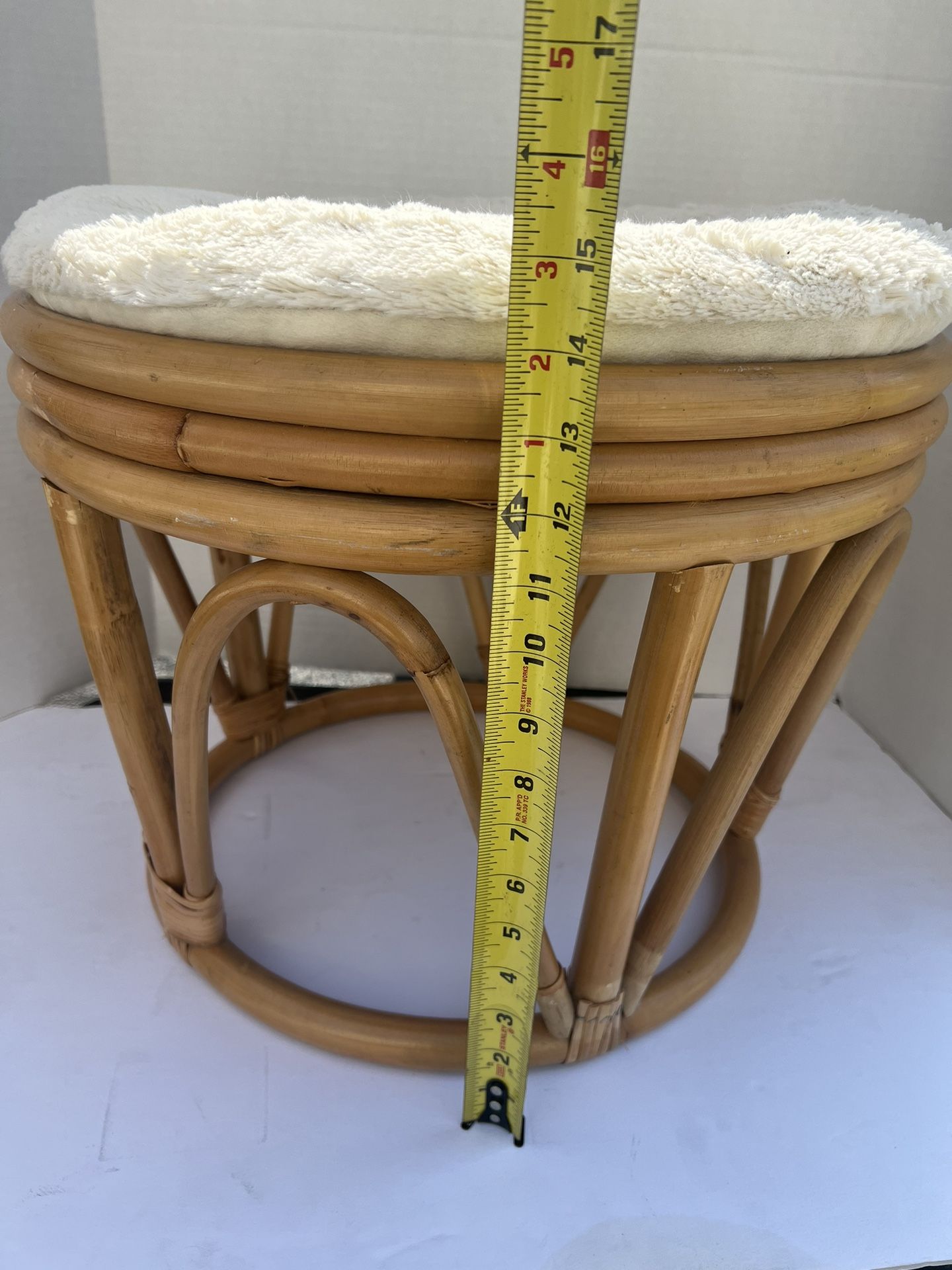 Bamboo Rattan Foot Stool Ottoman Pier 1 One Imports Indonsia 18” x 18” x 13 Nice. Used in good condition with normal signs of usage. The cushion is in
