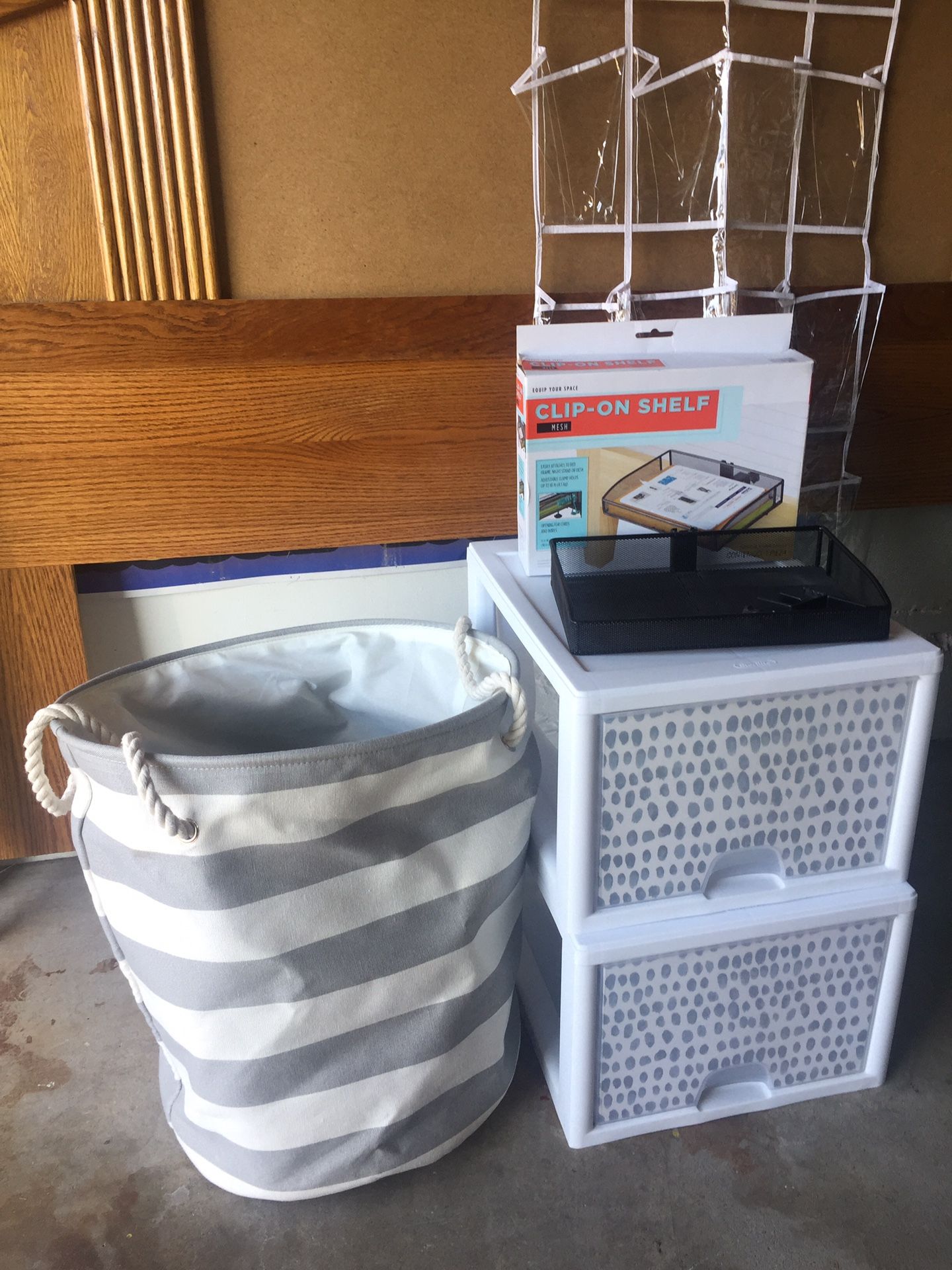 College dorm room stackable drawer/bins, laundry basket, shoe/storage, bed side shelf