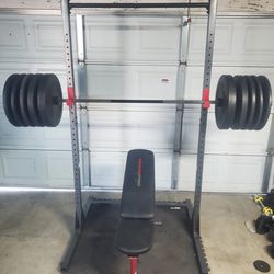 Squat rack & Bench with Diamond Pro Olympic Weight set & bar..240lbs all together. read Description 