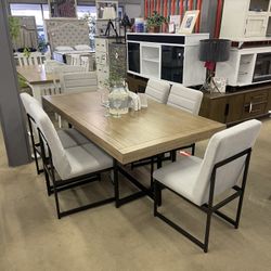 Light Brown Dining Table and 6 Light Beige Chairs / 7pc Dining Room Set