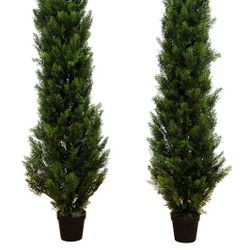 Two 5 Foot Outdoor Artificial Cedar Topiary Trees Potted Plants Two Peace Construction
