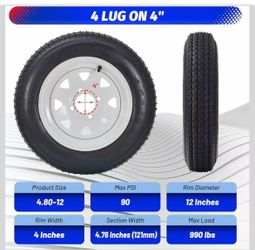 T) 4.80-12 4.80x12 480-12 4.80-12 Trailer Tires with 12'' Rims, 4 Lug on 4'', Load Range C 6PR $40