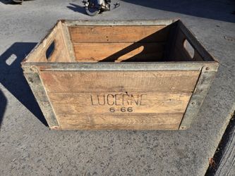 Vintage Lucerne 1966 Wooden Crate, Steel Frame Dairy Milk Beverage Delivery