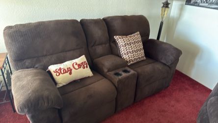 Brown fabric double manual recliners