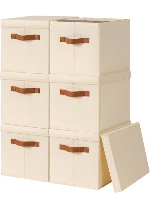 Storage Bins with Lids - Fabric Storage Baskets for Shelves, 6 Pack Foldable Decorative Boxes with Handles, Stackable Organizer Bins for Home, Nursery