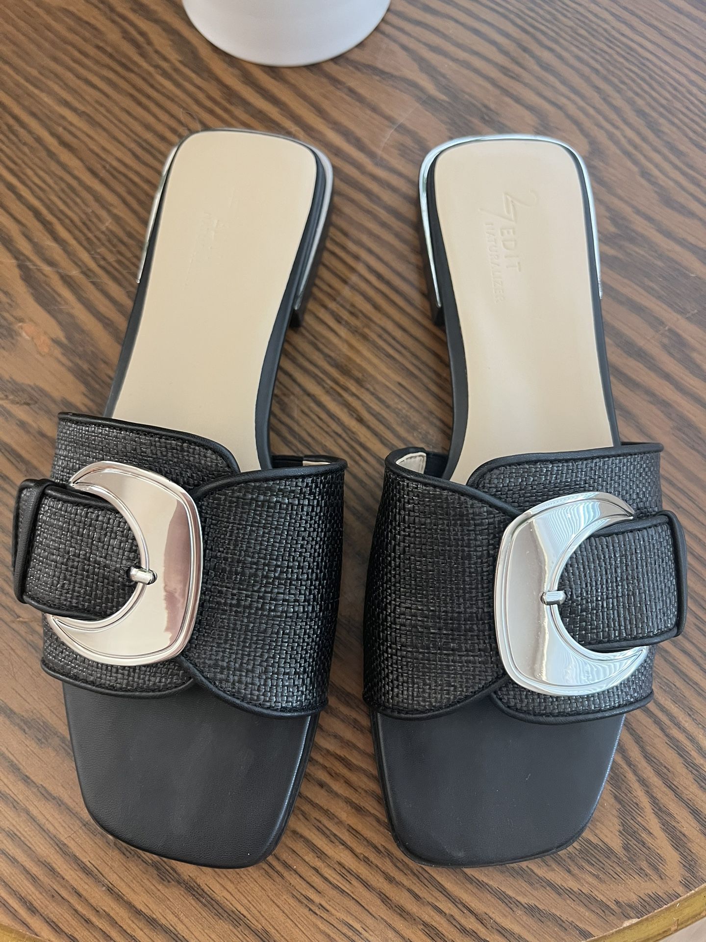 New Women’s Black Slide Sandals with Silver Buckle – Size 8