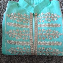 Indian 3 piece Cotton Turquoise with gold threaded design pant suit with wrap