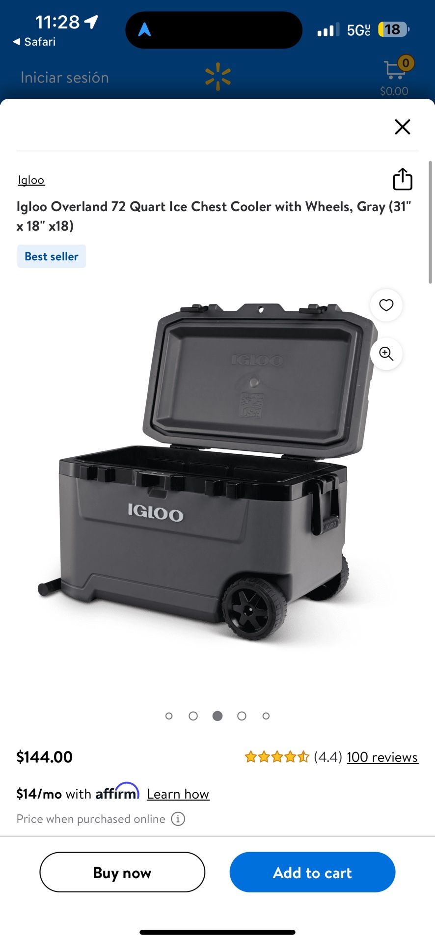 Igloo Overland 72 Quart Ice Chest Cooler with Wheels, Gray (31" x 18" x18)