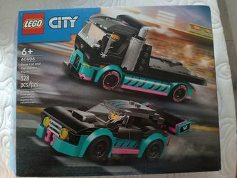 Brand new Lego race car and car carrier truck