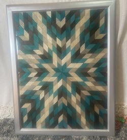 • Vtg style Geometric Wood Mosaic Star Barn Quilt Wall Art Framed Decor 18x24