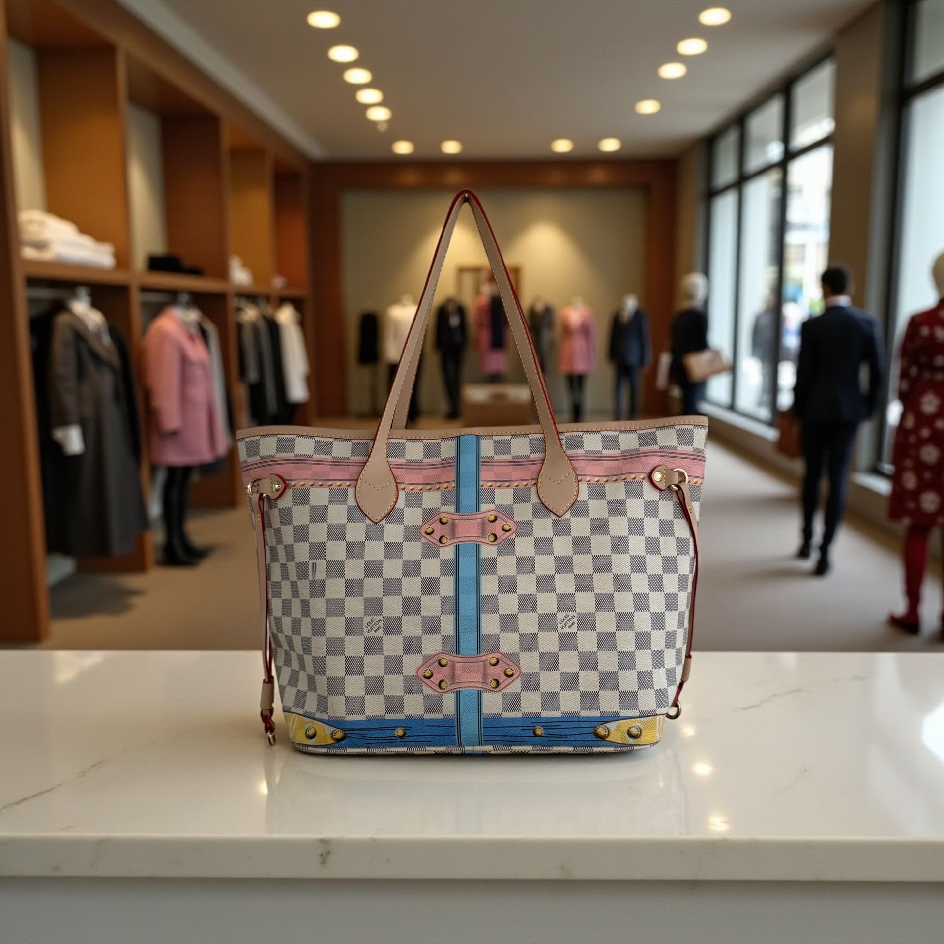 Stylish Checkered Canvas Tote Bag Multicolor Trim Large Shoulder Shopper Purse with Matching Pouch