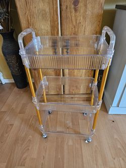 New 3 Tier Utility Cart Clear Plastic Gold Metal Bars