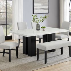 PARK SIDE FAUX MARBLE DINING TABLE WITH CHAIRS AND BENCH  