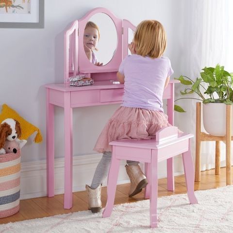 Guidecraft Pink Vanity and Stool set for Kids Age 3-8, Pretend Play Makeup Table with Mirrors and Chair for Girls, Wooden Princess Toy Vanity Desk Pla