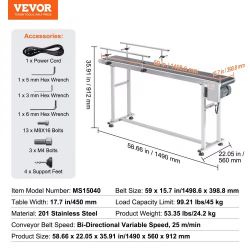 202#Belt Conveyor, 59 x 15.7 inch Conveyor Table, Heavy Duty Stainless Steel Motorized Belt Conveyor for Inkjet Coding Applications Powered PVC Belt A
