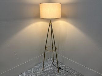 Brass Tripod Floor Lamp with Linen Shade and Pedal Switch