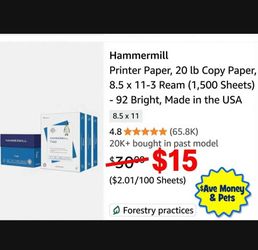 New Hammermill Printer Paper 20 lb 8.5 x 11 - 3 Ream 1500 Sheets