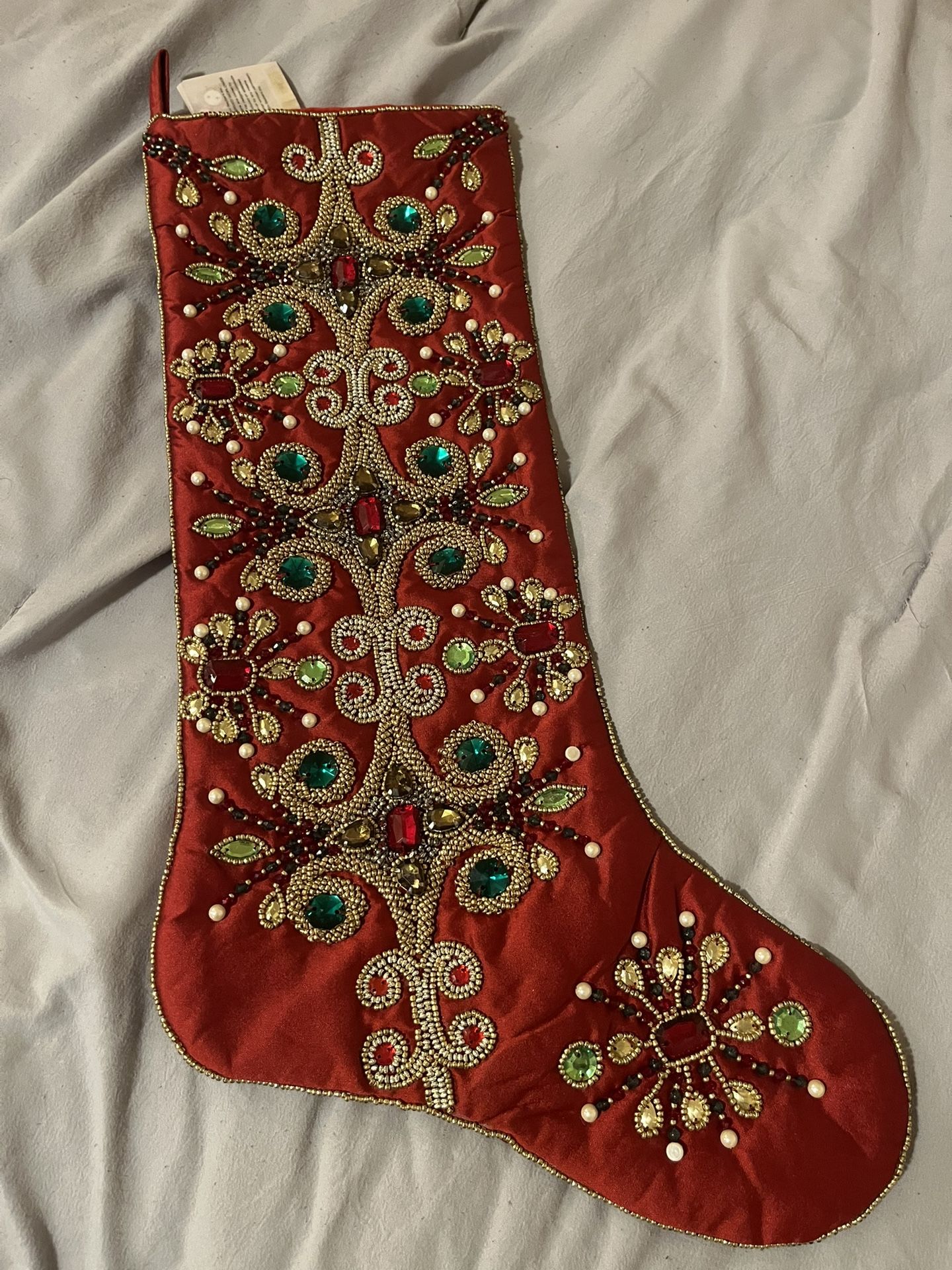Red Beaded Silk Christmas Stocking - Brand New