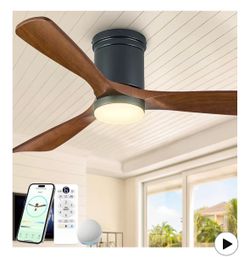 PIGOABZ 52 Inch Smart Flush Mount Ceiling Fans with Lights, Low Profile Ceiling Fan with Alexa&Remote Control, 3 Solid Wood Propeller Blades Modern Ou