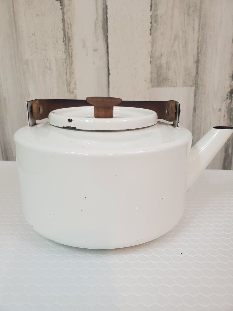 Copco White Enamel Tea Kettle -Teak Handle -Michael Lax Design- Vintage .