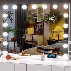 Vanity Mirror With Lights And White Desk 