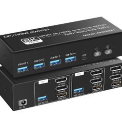 8K@60Hz KVM Switch 3 Monitors 2 Computers, DisplayPort & HDMI KVM Switch with 4 USB 3.0 Ports, Support Extended/Copy Mode, Includes 2 USB 3.0 Cables 