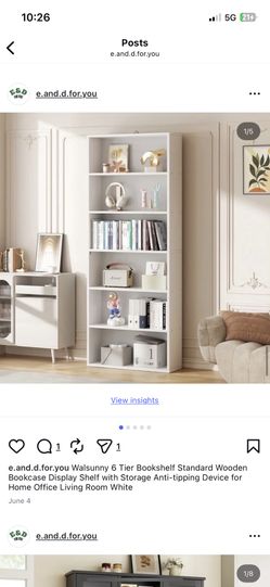 Walsunny 6 Tier Bookshelf Standard Wooden Bookcase Display Shelf with Storage Anti-tipping Device for Home Office Living Room White