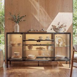 Black Metal Frame Tempered Glass Top Buffet with 3-Color LED Lighted Glass Doors, Storage Sideboard Cabinet, USB Power