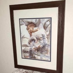 VINTAGE STEVE HANKS CRIB QUILT INFANT BABY BOY SLEEPING WOOD FRAMED PICTURE ART DECOR 