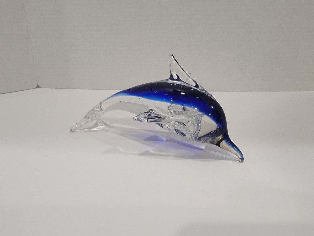 Hand Blown Art Glass Dolphin Figurine Sculpture Statue Cobalt Blue 6.5"