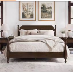Cleo Dark Walnut Brown Solid Wood Frame Queen Four-Poster Bed with Platform Spindle Headboard, Wood Slat Support