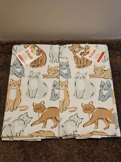 T-fal Dual Kt Doodle Cats Cat Kitchen Towel 100% Cotton (Lot of 2)